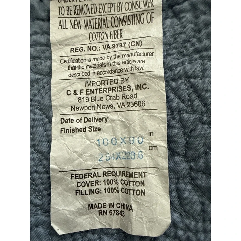 C and F Enterprises Blue Quilted Queen Bedspread Floral Cottagecore Coverlet